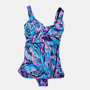 Maxine Of Hollywood Abstract One Piece Swimsuit Swim Dress 16 Low Back VTG‎